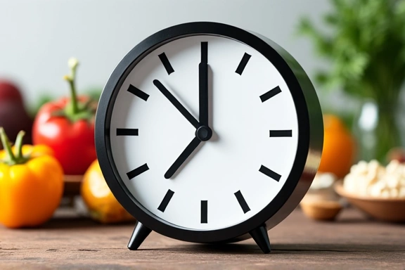 Eine Uhr, die Intervallfasten symbolisiert, mit einem Teller voller gesunder Lebensmittel im Hintergrund.