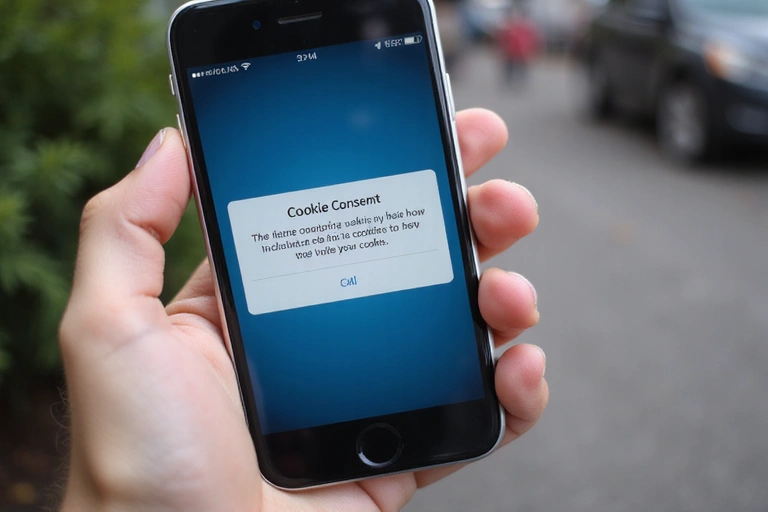 Eine Hand hält ein Smartphone, das ein Cookie-Banner anzeigt, symbolisiert die Cookie-Richtlinien und den Datenschutz.
